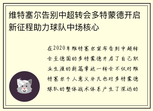 维特塞尔告别中超转会多特蒙德开启新征程助力球队中场核心